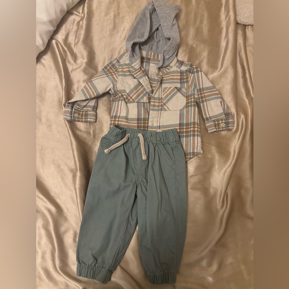 Carter's Plaid Hoodie Set - Tan, Gray and Blue